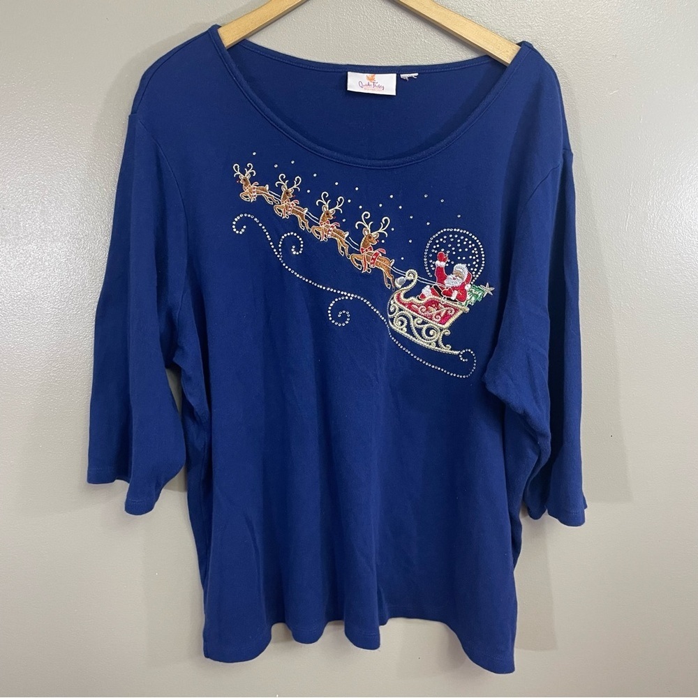 Quacker Factory Blue 3/4 Sleeve Rhinestones Santa Sleigh Shirt Size 2XL?